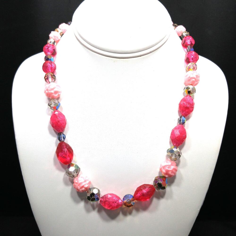Vintage Pink Lucite AB Crystal Bead Necklace Molded Rose 1950s